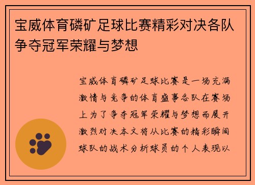 宝威体育磷矿足球比赛精彩对决各队争夺冠军荣耀与梦想
