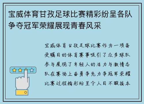 宝威体育甘孜足球比赛精彩纷呈各队争夺冠军荣耀展现青春风采