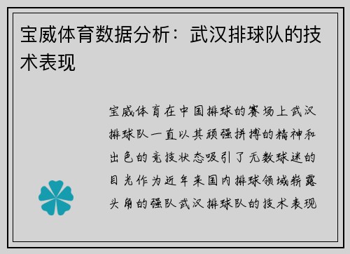宝威体育数据分析：武汉排球队的技术表现