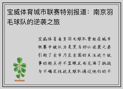 宝威体育城市联赛特别报道：南京羽毛球队的逆袭之旅