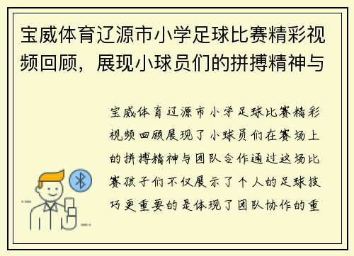 宝威体育辽源市小学足球比赛精彩视频回顾，展现小球员们的拼搏精神与团队合作