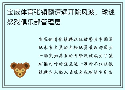 宝威体育张镇麟遭遇开除风波，球迷怒怼俱乐部管理层
