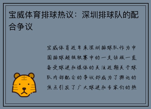 宝威体育排球热议：深圳排球队的配合争议