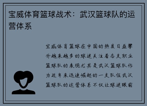 宝威体育篮球战术：武汉篮球队的运营体系